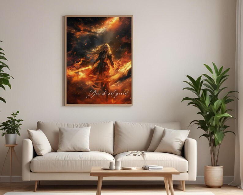 May include: A digital painting of a woman with long blonde hair standing in a fiery orange and yellow sky. The woman is holding a sword and the text "You do not yield" is written in the bottom right corner of the image.