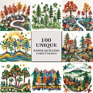 Quilling Forest Design Clipart, Paper Art Trees, Nature-Inspired Swirls, Elegant Handmade Leaves, Artistic Woodland Illustration