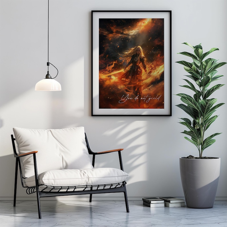 May include: A digital art print featuring a woman in armour standing in a fiery, celestial landscape. The text "You do not yield" is written in the bottom right corner.