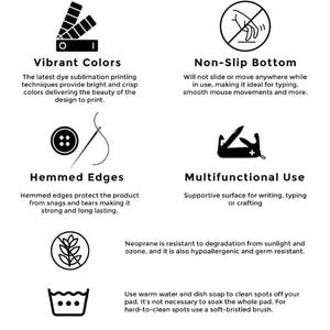 Puede incluir: Una infograf&iacute;a que detalla caracter&iacute;sticas del producto como colores vibrantes mediante sublimaci&oacute;n, base antideslizante, bordes con dobladillo y uso multifuncional. El neopreno es hipoalerg&eacute;nico y se limpia con agua tibia y jab&oacute;n.