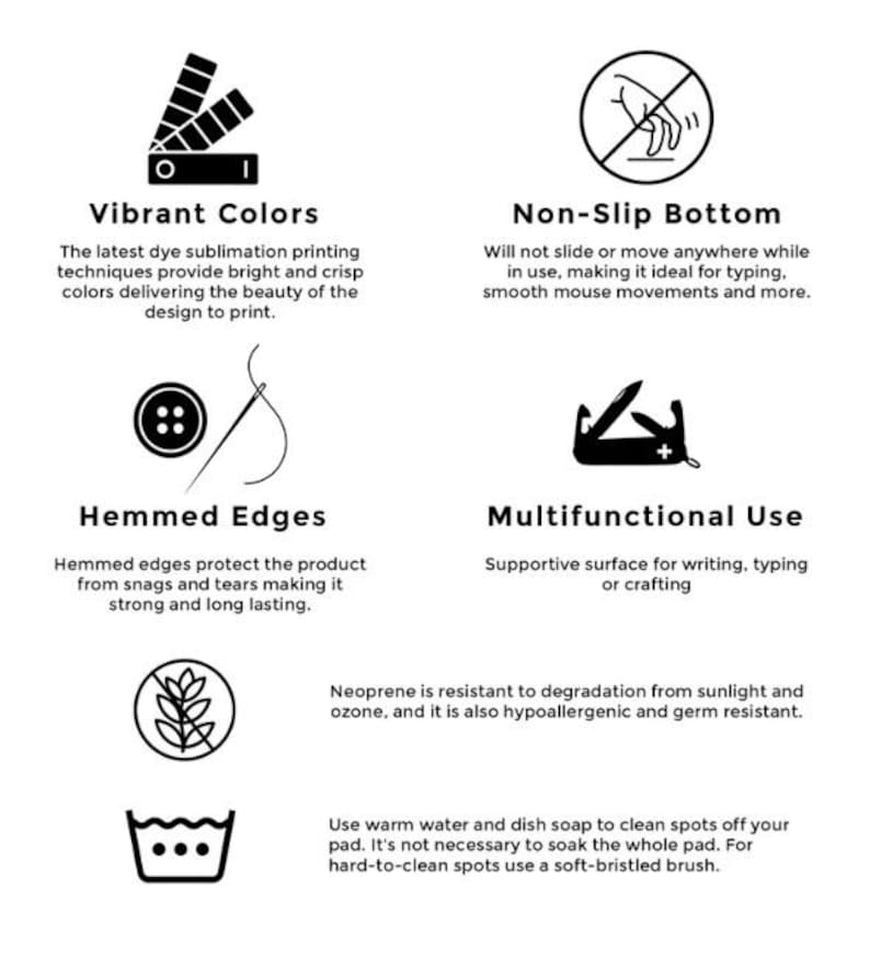 Puede incluir: Una infograf&iacute;a que detalla caracter&iacute;sticas del producto como colores vibrantes mediante sublimaci&oacute;n, base antideslizante, bordes con dobladillo y uso multifuncional. El neopreno es hipoalerg&eacute;nico y se limpia con agua tibia y jab&oacute;n.