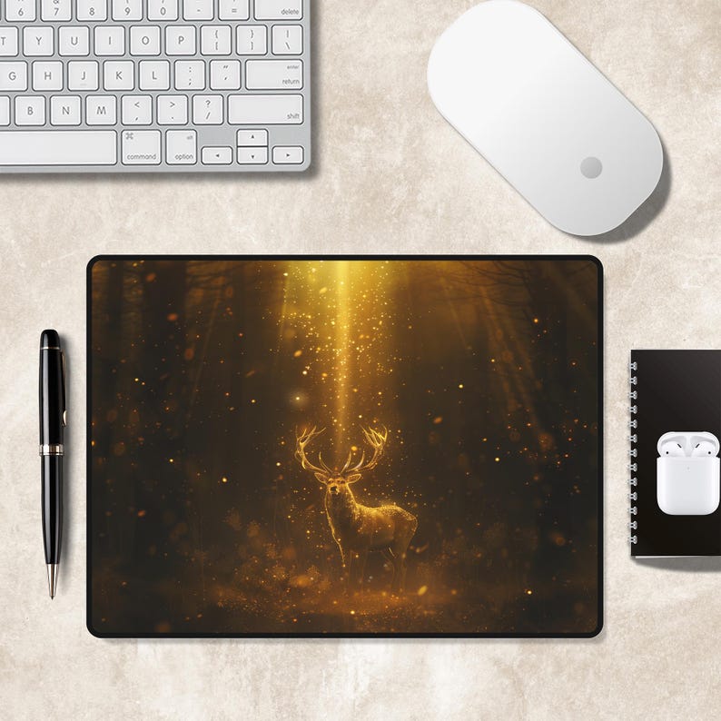 Puede incluir: Una alfombrilla de rat&oacute;n rectangular con una ilustraci&oacute;n digital de un ciervo dorado brillante de pie en un bosque oscuro. El ciervo est&aacute; iluminado por un haz de luz vertical brillante y rodeado de part&iacute;culas doradas sobre fondo oscuro.