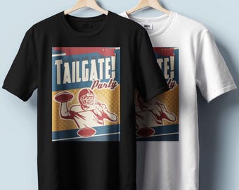 May include: Black and white t-shirts with a "Tailgate Party" graphic. The graphic features a football player throwing a football, with a red, blue, and yellow color scheme. The shirts are hanging on wooden hangers.
