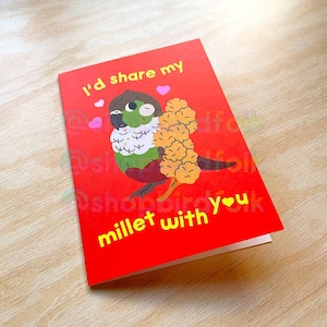 Je partagerais mon millet avec vous | Cadeaux mignons conure joue verte, Saint-Valentin, carte de voeux kawaii, cadeau oiseau de compagnie, merch Birb