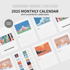 2025 Kalender illustriert 12-Monatskalender Monatsplaner Wanddekor A4 und Letter Kunstkalender druckbares PDF