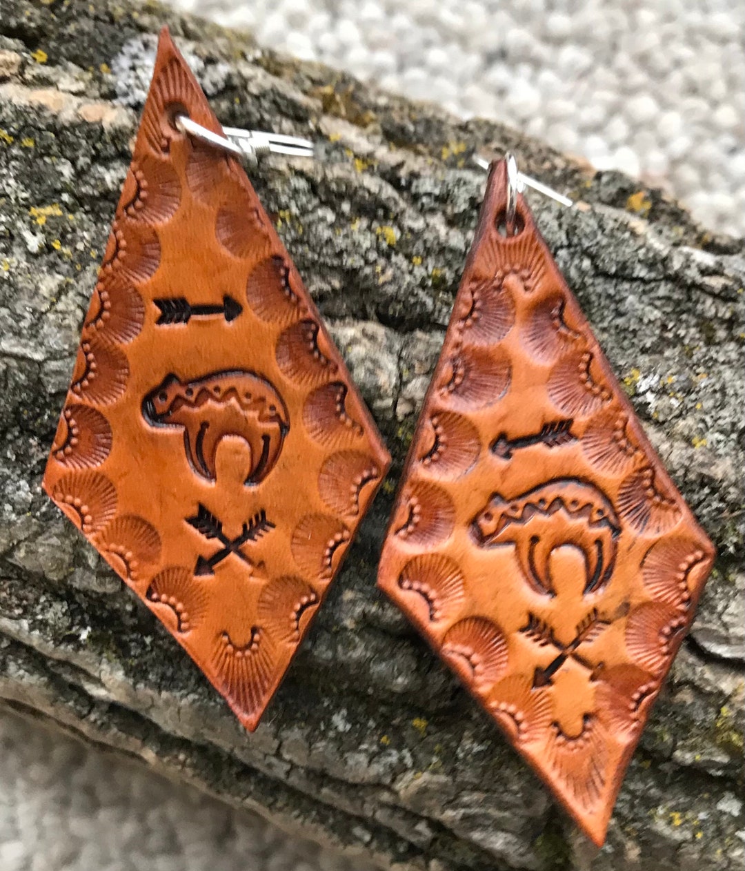 Hand Tooled Leather Earrings, Bear Earrings, Lightweight Earrings, Bear