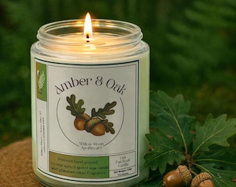 Amber & Oak Candle, Warm Patchouli, Smoke and Vanilla Scent, Coconut Apricot Wax, Clean Burning Hand Poured Candle