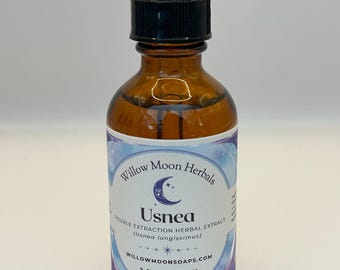 May include: A glass bottle with a dropper top containing Usnea Double Extraction Herbal Extract (Usnea longissimus). The bottle label is white with blue and purple accents and features a crescent moon and stars. The label also includes the text "Willow Moon Herbals" and "WILLOWMOONSOAPS.COM". The bottle contains 2 fluid ounces (60 ml) of liquid.