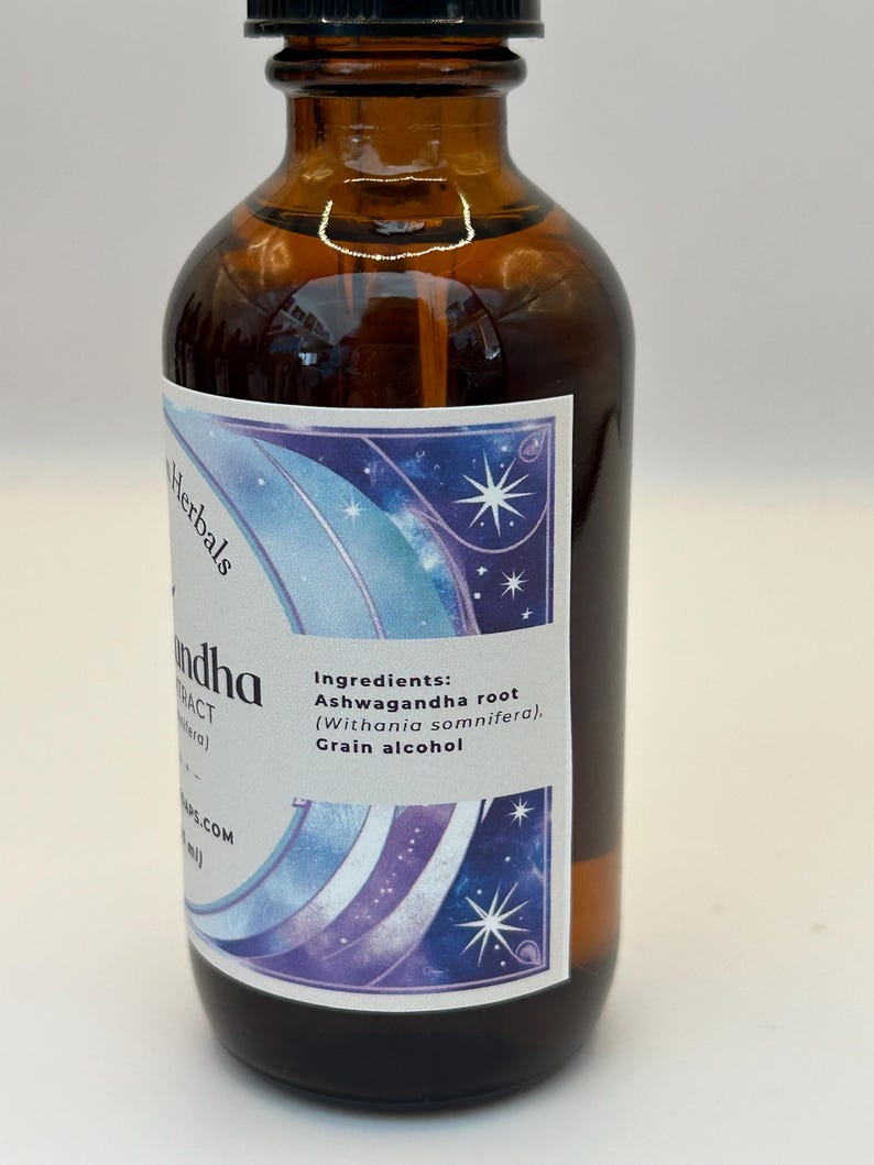 May include: A brown glass bottle with a label that says "Herbals Ashwagandha Extract (Withania somnifera). Grain alcohol" and has a purple and blue design with stars.