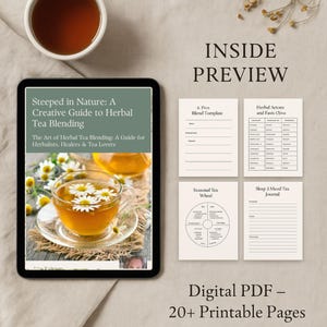 May include: A digital PDF with over 20 printable pages, including a creative guide to herbal tea blending. The preview shows a tablet with a book cover, a cup of tea, and several printable templates. The text reads "Steeped in Nature".