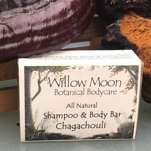 May include: A rectangular bar of Willow Moon Botanical Bodycare shampoo and body bar. The label features a tree illustration and the words "All Natural Shampoo & Body Bar Chagachouli". The background includes dark brown and orange organic matter.