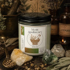 May include: A glass jar candle with a black lid and a white label featuring the text Mystic Apothecary, a mortar and pestle illustration, and the scent Peppercorn, Sage, Basil & Chamomile. The candle contains coconut apricot wax, net weight 7 oz.