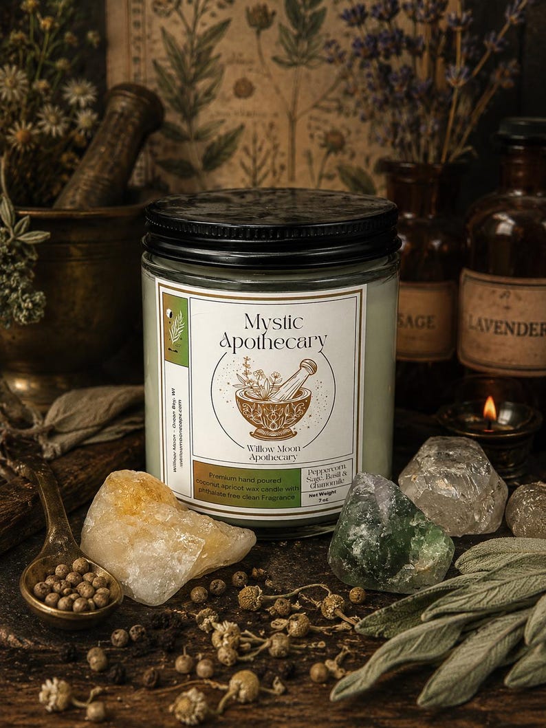 May include: A glass jar candle with a black lid and a white label featuring the text Mystic Apothecary, a mortar and pestle illustration, and the scent Peppercorn, Sage, Basil & Chamomile. The candle contains coconut apricot wax, net weight 7 oz.