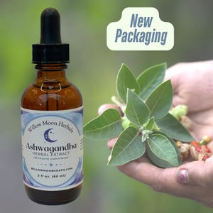 Willow Moon Herbals Ashwagandha Herbal Extract in a 2 oz amber dropper bottle with a celestial label. The background shows a hand holding fresh ashwagandha leaves and berries. A “New Packaging” callout is displayed above the bottle.