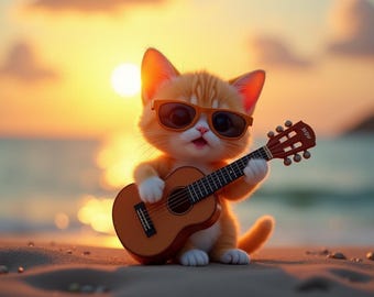 Cute Animal Canvas - Guitar-Playing Cat on the Beach Canvas V1