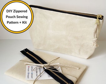 Waxed Canvas Bag Pattern, DIY Zippered Pouch Tutorial Kit, Bag Sewing Pouch, Makeup Bag Sewing Kit, Zippered Pouch Sewing Pattern