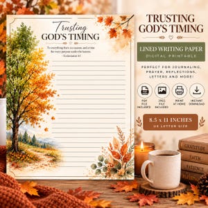 Op de afbeelding: Een vel gelinieerd schrijfpapier met de tekst Trusting God's Timing en Ecclesiastes 3:1. Het ontwerp bevat een aquarelillustratie van een herfstboom, een pad en gevallen bladeren. Het papier heeft een afmeting van 21,59 x 27,94 cm.