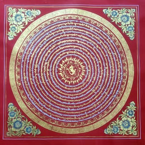 Om Mantra Mandala Thangka Painting: Gold & Silver Leaf, Meditation Art