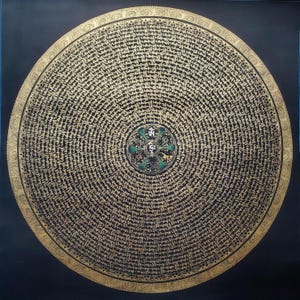 Large Size Black and Gold Mantra Mandala, Handcrafted Thangka Painting for Meditation and Decoration