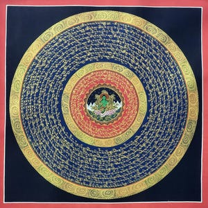 Green Tara Mantra Mandala Thangka Painting for Home and Office Decoration, Meditation and Yoga