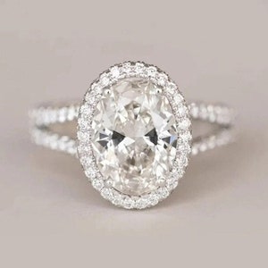 925 Sterling Silver Wedding Ring, Oval Cut Moissanite Wedding Ring, Classic Halo and Hidden Diamond Engagement Ring, Unique Split Shank Ring