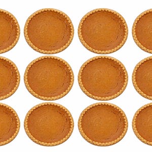 May include: Twelve pumpkin pies with golden-brown crusts and filling are arranged in a grid pattern against a white background. The pies have a classic, round shape with a crimped edge, showcasing a traditional dessert.