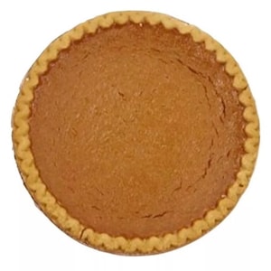 May include: A whole pumpkin pie with a golden-brown crust and a smooth, orange filling. The pie has a crimped edge and is set against a white background. A classic dessert.