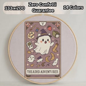 ADHD Adventurer Cross Stitch Pattern PDF, Cute Ghost Tarot Card Embroidery Chart, Funny Halloween Witch Spooky Decor, Instant Download File