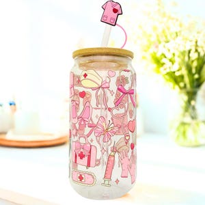 Nurse Iced Coffee Glass Can Set: Bamboo Lid, Straw & Topper - Gift Box