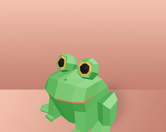 May include: A green, low-poly frog with black eyes and yellow eyelids sits on a pink background.