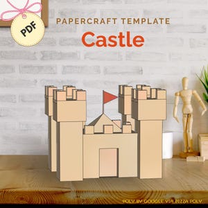 Puede incluir: Un modelo de castillo de papel con una bandera roja, hecho de papel de color beige y melocotón. La imagen incluye el texto "PAPER CRAFT TEMPLATE" y "Castle". Una etiqueta PDF está en la esquina superior izquierda.