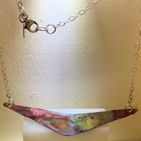 Boomerang - torched copper and sterling necklace - ready to ship