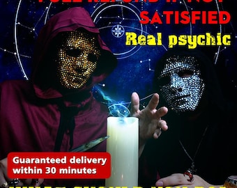 May include: Image of two people wearing masks, one with gold embellishments and the other with silver. The text reads "FULL REFUND IF NOT SATISFIED Real psychic Guaranteed delivery within 30 minutes WHAT SHOULD YOU DO?"