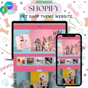 Könnte beinhalten: Ein Website-Mockup für ein Tiergeschäft namens "All Paws & Co." mit einem rosa-blauen Farbschema. Die Website bietet eine Vielzahl von Produkten für Haustiere, darunter Leckerlis, Kleidung, Accessoires und Spielzeug. Die Website hat auch einen Bereich für "Wild Sale" mit einem Rabatt von bis zu 50%.