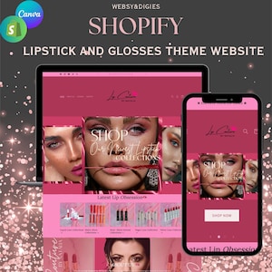 May include: A website screenshot showcasing a Shopify theme for a lipstick and glosses brand. The website features a pink and black color scheme with images of models wearing lipstick. The website includes a "Shop Now" button and a section titled "Latest Lip Obsession".