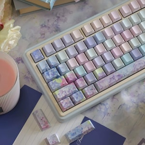 Soft Subtle Purple Hydrangea 130 Keycaps Set + Keycap Remover All-in-One - Side lit Cherry profile, Cute Keycaps, Custom Keycaps