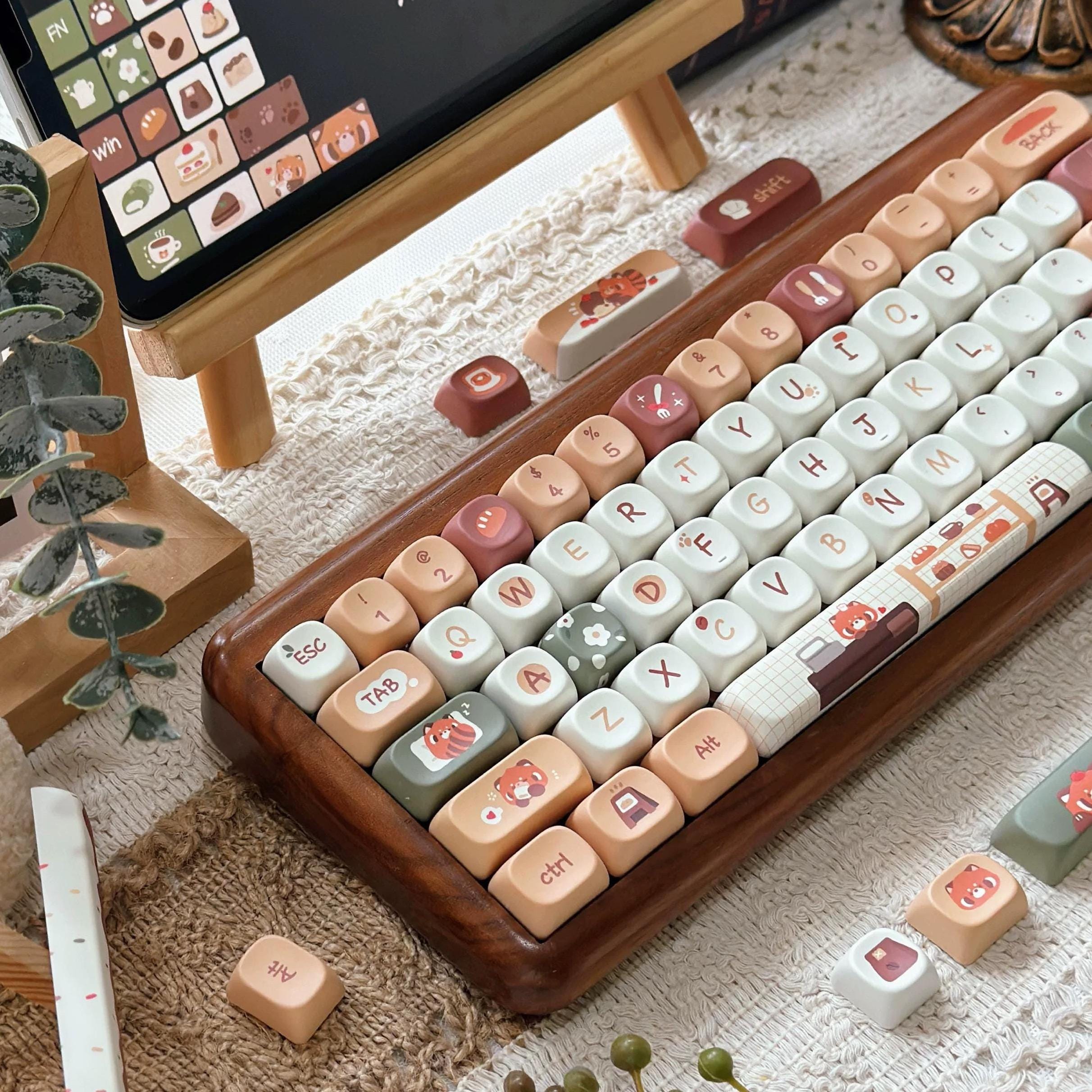 Red Panda Cafe 129 Keys Keycaps Set + Keycap Remover All-in-One - MOA Round Profile, Cute Keycaps, Custom Keycaps