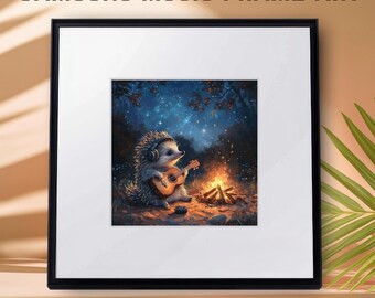 Samsung Music Frame Art | Cozy Campfire Hedgehog | Guitar Playing Animal Print | Whimsical Woodland Wall Art | Starry Night Music Decor