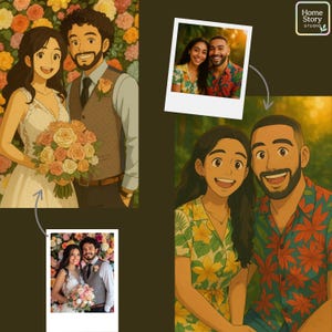 Personalized Ghibli anime portrait featuring a wedding couple with bouquet and floral background, alongside a casual couple illustration in tropical outfits. This custom cartoon art transforms photos into whimsical Ghibli inspired style, capturing romance, joy, and love. Ideal for wedding portraits, anniversary artwork, and personalized anime wall art for couples.