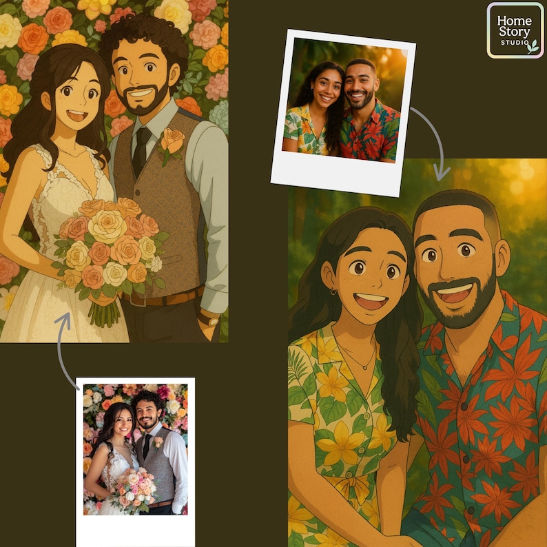 Personalized Ghibli anime portrait featuring a wedding couple with bouquet and floral background, alongside a casual couple illustration in tropical outfits. This custom cartoon art transforms photos into whimsical Ghibli inspired style, capturing romance, joy, and love. Ideal for wedding portraits, anniversary artwork, and personalized anime wall art for couples.