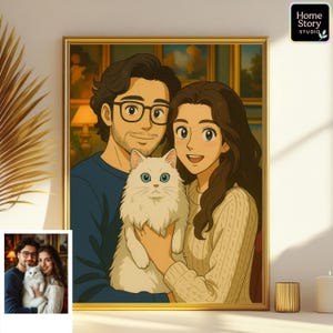 Personalized Ghibli portrait of a couple holding their fluffy white cat, created in soft anime cartoon style. This custom artwork captures warm expressions, cozy atmosphere, and Studio Ghibli inspired details, turning your photo into unique pet wall art. Perfect for couples who love anime, cat owners, and personalized cartoon illustrations for home decor or keepsakes.