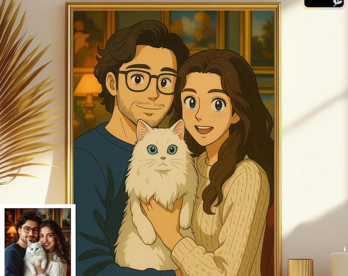 Custom Ghibli Style Portrait: Personalized Anime Cartoon Family from photo, Couple, Pet wall Art