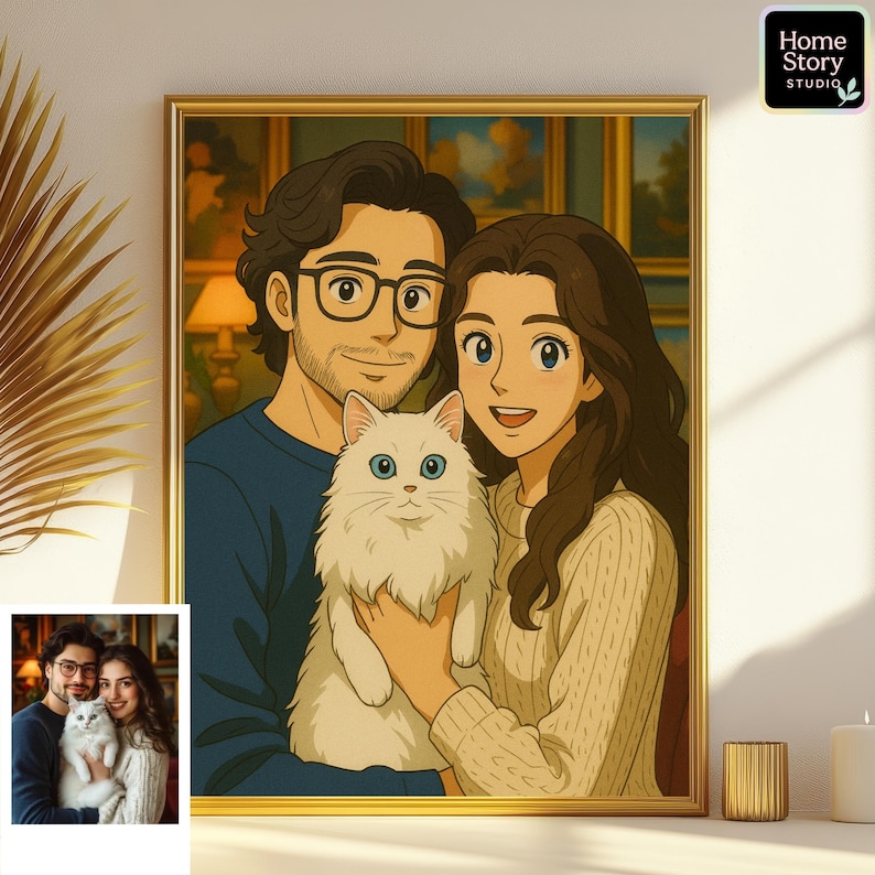 Personalized Ghibli portrait of a couple holding their fluffy white cat, created in soft anime cartoon style. This custom artwork captures warm expressions, cozy atmosphere, and Studio Ghibli inspired details, turning your photo into unique pet wall art. Perfect for couples who love anime, cat owners, and personalized cartoon illustrations for home decor or keepsakes.