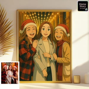 Custom Ghibli cartoon portrait of three smiling young women wearing Santa hats, standing together under warm holiday lights. Personalized from photo, this anime style artwork captures friendship, holiday cheer, and whimsical joy in Studio Ghibli inspired tones. Perfect for Christmas decor, festive wall art, and personalized keepsakes for friends and family.
