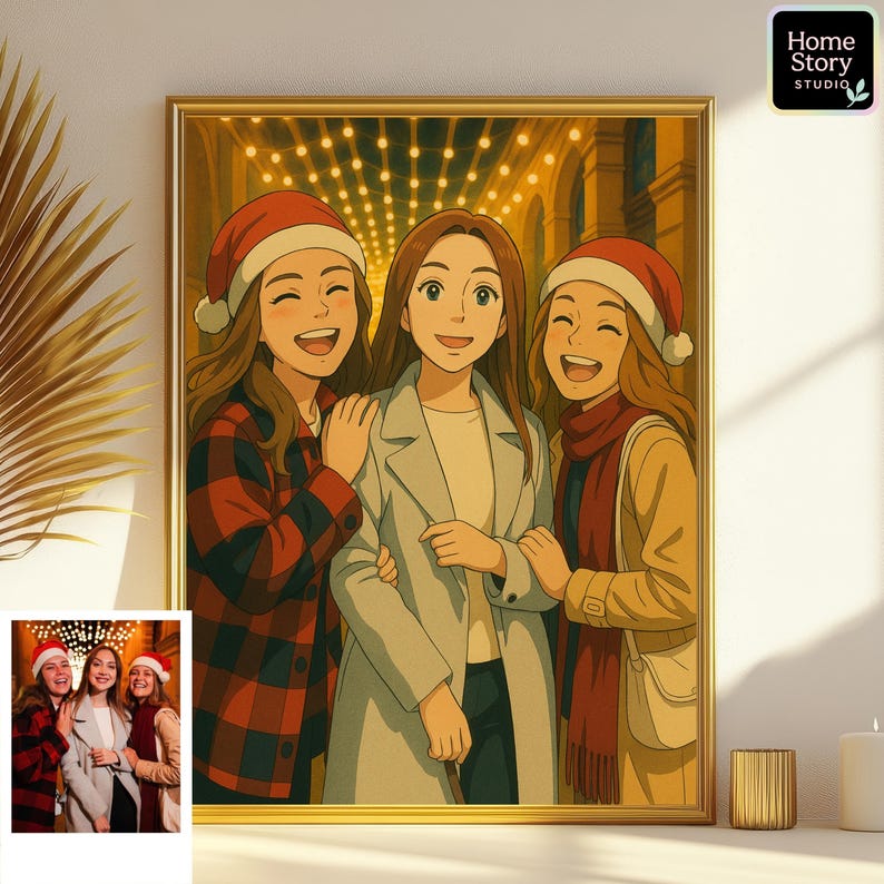 Custom Ghibli cartoon portrait of three smiling young women wearing Santa hats, standing together under warm holiday lights. Personalized from photo, this anime style artwork captures friendship, holiday cheer, and whimsical joy in Studio Ghibli inspired tones. Perfect for Christmas decor, festive wall art, and personalized keepsakes for friends and family.