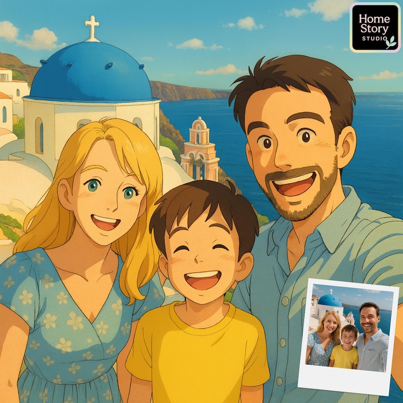 Custom anime portrait inspired by Studio Ghibli, showing a smiling family of three in Santorini with iconic blue dome buildings in the background. Personalized from a real photo, this cartoon style artwork captures vacation memories in bright and cheerful anime tones. Perfect for travel wall art, family portraits, and unique personalized keepsakes for home decor.