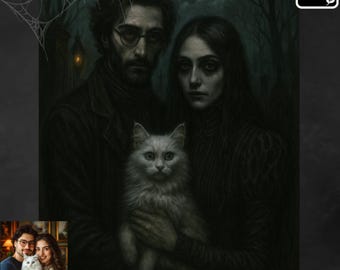 Custom Gothic Horror Portrait: Eerie Dark Victorian Family, Couple & Pet Art