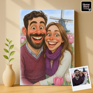 Caricature cartoon portrait of a smiling couple sitting in a tulip field with windmill background, drawn in humorous parody style with big expressive eyes. Personalized from photo, this artwork makes unique romantic wall art, travel keepsake, anniversary gift, or wedding caricature. Perfect for couples who want playful funny cartoon portraits with whimsical details.
