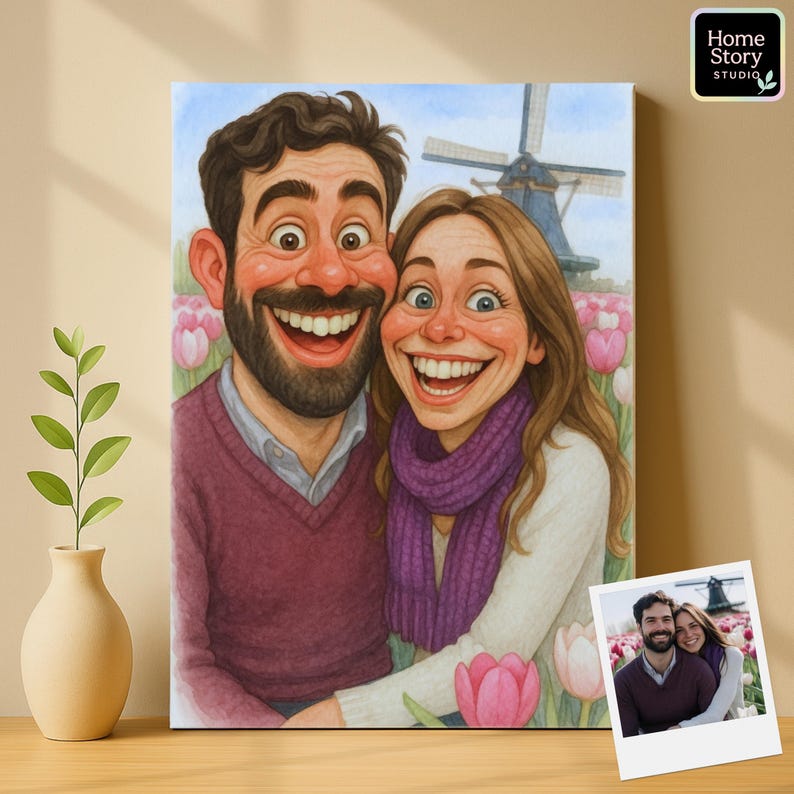 Caricature cartoon portrait of a smiling couple sitting in a tulip field with windmill background, drawn in humorous parody style with big expressive eyes. Personalized from photo, this artwork makes unique romantic wall art, travel keepsake, anniversary gift, or wedding caricature. Perfect for couples who want playful funny cartoon portraits with whimsical details.
