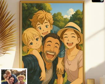Custom Ghibli Style Portrait: Personalized Anime Cartoon Family from photo, Couple, Pet wall Art